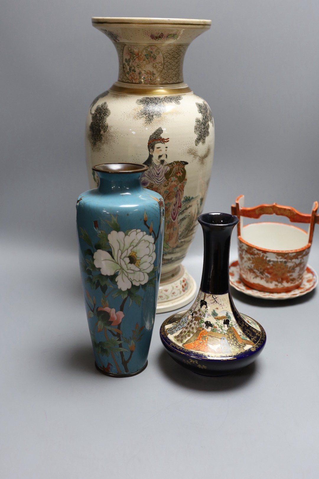 Assorted Japanese Meiji ceramics, including a large Satsuma vase, 41cm high (7)